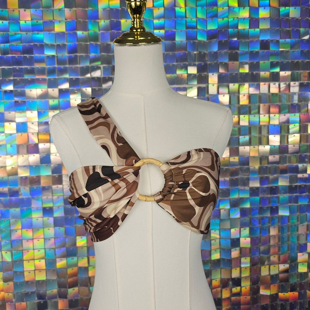 Jvded London Bikini Top Brown Muted Swirl O Ring New One Shoulder Dollskill